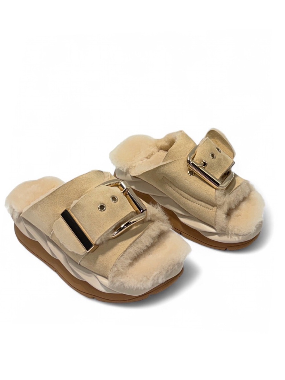 4CCCCEES Mellow Laze Sand, Shearling Slides